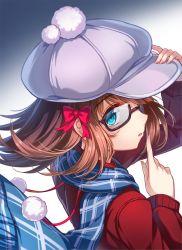Rule 34 | 1girl, amami haruka, blue eyes, blush, brown hair, cabbie hat, finger to mouth, from behind, glasses, hair ribbon, hat, highres, idolmaster, idolmaster (classic), looking at viewer, looking back, miazi, open mouth, ribbon, scarf, semi-rimless eyewear, short hair, solo