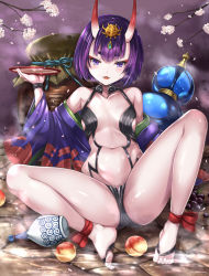 Rule 34 | 1girl, alcohol, barefoot, between toes, blunt bangs, bob cut, bottle, breasts, cup, fangs, fate/grand order, fate (series), feet, flower, food, fruit, gairou (takakuan), grapes, highres, horns, japanese clothes, kimono, looking at viewer, navel, oni, open clothes, open kimono, open mouth, peach, petals, purple eyes, purple hair, sakazuki, sake, short hair, shuten douji (fate), shuten douji (first ascension) (fate), skin-covered horns, small breasts, smile, solo, spread legs, toes