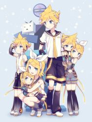 Rule 34 | 3boys, 3girls, age comparison, age difference, akiyoshi (tama-pete), anniversary, arm warmers, birthday, blonde hair, blue eyes, bow, brother and sister, cuddling, detached sleeves, hair bow, hair ornament, hair ribbon, hairclip, headphones, headset, holding, hug, kagamine len, kagamine len (append), kagamine rin, kagamine rin (append), leaning on person, leg warmers, multiple boys, multiple girls, multiple persona, navel, necktie, niconico, ribbon, sailor collar, see-through, short hair, shorts, siblings, signpost, smile, twins, vocaloid, vocaloid append, yellow necktie