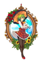 Rule 34 | .sin, 1girl, antenna hair, ascot, black pantyhose, black umbrella, blush, breasts, commentary request, flower, frilled ascot, frills, full body, green hair, hair between eyes, highres, holding, holding umbrella, kazami yuuka, leaf, long sleeves, looking at viewer, medium breasts, miniskirt, mirror, pantyhose, plaid, plaid skirt, plaid vest, red eyes, red flower, red footwear, red rose, red skirt, red vest, rose, shirt, shoes, short hair, skirt, skirt set, solo, standing, sunflower, thighs, touhou, umbrella, vest, white background, white shirt, yellow ascot
