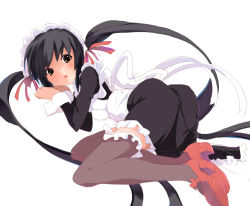 Rule 34 | apron, black hair, brown eyes, k-on!, long hair, lying, maid, maid apron, nakano azusa, on side, solo, sora to umi, thighhighs, twintails