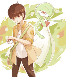 Rule 34 | 1boy, 1girl, arm at side, arm up, artist name, bag, bob cut, brown hair, brown pants, closed mouth, collarbone, colored skin, creatures (company), dated, flat chest, game freak, gardevoir, gen 3 pokemon, green background, green hair, green skin, hair over one eye, hand up, highres, holding, holding poke ball, jacket, jewelry, looking at viewer, multicolored skin, necklace, nintendo, one eye covered, orange jacket, original, outline, outstretched arm, pants, poke ball, poke ball (basic), poke ball symbol, poke ball theme, pokemon, pokemon (creature), red eyes, risui ao, shirt, short hair, short sleeves, shoulder bag, signature, standing, two-tone skin, white outline, white shirt, white skin