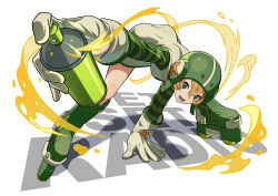 Rule 34 | 1girl, absurdres, air current, arm support, bent over, boots, can, commentary, copyright name, dress, faco, foreshortening, full body, gloves, green eyes, green footwear, green sleeves, gum (jsr), helmet, highres, holding, holding can, inline skates, jet set radio, looking at viewer, looking up, open mouth, orange hair, outstretched hand, paint, roller skates, short dress, short hair, skates, smile, solo, spray paint, spraying, striped sleeves, white background, white dress, white gloves