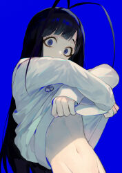 Rule 34 | 1boy, androgynous, antenna hair, black hair, bleach, blue background, blunt bangs, coat, covered mouth, eyelashes, giselle gewelle, groin, highres, linea alba, long hair, looking at viewer, male focus, navel, pale skin, removing coat, solo, stomach, suzunashi, upper body, white coat