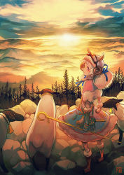 Rule 34 | 1girl, bell, blue ribbon, boots, chinese zodiac, cloud, cloudy sky, collar, commentary request, cow horns, elbow gloves, forest, fur-trimmed gloves, fur trim, gloves, goggles, goggles on head, hair ribbon, hashimoto hato, hill, horn (instrument), horns, looking back, nature, nengajou, new year, original, poncho, ribbon, rock, sheep, sheep horns, shepherd, shepherd&#039;s crook, sky, skyline, solo, standing, sun, sunlight, sunset, white hair, year of the goat