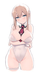 Rule 34 | 10s, 1girl, alternate costume, bad id, bad pixiv id, between breasts, blonde hair, blue eyes, blush, breast hold, breasts, cleavage, cowboy shot, curvy, gluteal fold, graf zeppelin (kancolle), hair between eyes, highleg, highleg leotard, highres, kantai collection, kylin, large breasts, leotard, long hair, looking at viewer, necktie, necktie between breasts, no headwear, playboy bunny, serious, simple background, solo, thighs, twintails, white background, white legwear, wide hips