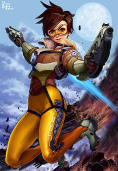 Rule 34 | 1girl, bodysuit, bomber jacket, brown hair, character name, completion time, cropped jacket, dual wielding, full body, full moon, gloves, goggles, green eyes, gun, handgun, high collar, highres, holding, jacket, making-of available, moon, overwatch, overwatch 1, pistol, ryu shou, shoes, short hair, sneakers, solo, spiked hair, tracer (overwatch), weapon