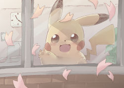 Rule 34 | :3, against glass, animal focus, blush, blush stickers, brown eyes, cherry blossoms, clock, commentary request, creatures (company), game freak, gen 1 pokemon, gerigoo, hand up, happy, highres, indoors, looking at viewer, nintendo, no humans, open mouth, petals, pikachu, pokemon, pokemon (creature), sketch, smile, spring (season), straight-on, window