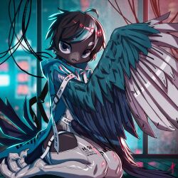 Rule 34 | 1girl, ahoge, animal feet, backlighting, beak, bird girl, bird tail, black hair, blaedic, blue cape, blue eyes, blurry, blurry background, borrowed character, cape, cyberpunk, drawstring, feathered wings, female focus, furry, furry female, highres, hood, hooded cape, looking at viewer, neon lights, open mouth, original, science fiction, short hair, sitting, solo, strap, tail, thighhighs, wariza, winged arms, wings, wire