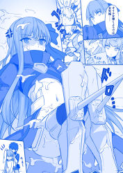 Rule 34 | 1boy, 2girls, angry, ass, blue eyes, blue ribbon, blue theme, breasts, comic, commentary request, elizabeth bathory (fate), fate/grand order, fate (series), fujimaru ritsuka (male), fujimaru ritsuka (male) (polar chaldea uniform), hair between eyes, hair ribbon, long hair, looking at viewer, mecha eli-chan (fate), meltryllis (fate), monochrome, multiple girls, navel, puffy sleeves, purple hair, revealing clothes, ribbon, shiseki hirame, small breasts, solo focus, suggestive fluid, towel, translation request, very long hair