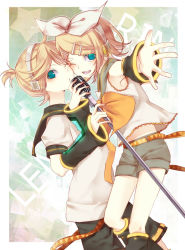 Rule 34 | 1boy, 1girl, brother and sister, hair ornament, hair ribbon, hairclip, headset, kagamine len, kagamine rin, looking at viewer, microphone, microphone stand, okurasaboten, one eye closed, ribbon, short hair, shorts, siblings, smile, twins, vintage microphone, vocaloid, wink