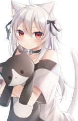 Rule 34 | 1girl, animal ears, bare shoulders, black bow, black choker, blush, bow, cat ears, cat girl, cat tail, choker, closed mouth, commentary, hair between eyes, hair bow, highres, hugging object, off-shoulder shirt, off shoulder, original, red eyes, ringouulu, shirt, short sleeves, simple background, solo, stuffed animal, stuffed cat, stuffed toy, symbol-only commentary, tail, tail raised, twitter username, white background, white hair, white shirt, wide sleeves