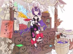 Rule 34 | 1girl, anklet, barefoot, barefoot sandals (jewelry), basket, book, bow, chest of drawers, closed eyes, colorful, cursive, doll, drawer, fate/grand order, fate (series), gem, horns, jewelry, money, nunnun000nunnun, purple hair, rope, shimenawa, shuten douji (fate), sitting, sitting on object, smile, toes, translation request, tub
