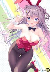 Rule 34 | 1girl, absurdres, animal ears, aqua eyes, bare shoulders, blush, breasts, cleavage, covered navel, detached collar, fake animal ears, fang, fingernails, hair ornament, hairclip, hand on own hip, hand up, high heels, highres, large breasts, leg up, leotard, long hair, looking at viewer, open mouth, original, pantyhose, playboy bunny, purple hair, rabbit ears, red footwear, ryouka (suzuya), scan, shiny skin, simple background, smile, solo, strapless, v, wrist cuffs