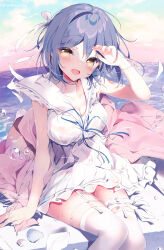 Rule 34 | 1girl, blue hair, breasts, bubble, cleavage, cloud, dress, garter straps, hair ribbon, hand on forehead, highres, large breasts, looking at viewer, medium breasts, ocean, open mouth, original, ribbon, sailor dress, sky, smile, solo, sushimekabu, thighhighs, uniform, white thighhighs, yellow eyes