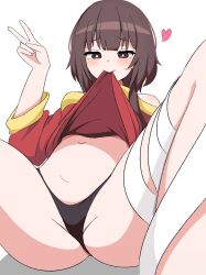 Rule 34 | 1girl, bandaged leg, bandages, bare shoulders, black panties, blunt bangs, blush, bright pupils, brown hair, closed mouth, clothes in mouth, clothes lift, commentary request, dress, dress in mouth, dress lift, foreshortening, hand up, hatenamaru, heart, highres, kono subarashii sekai ni shukufuku wo!, leaning back, lifting own clothes, long sleeves, looking at viewer, megumin, navel, no headwear, panties, presenting, red dress, red eyes, short hair with long locks, sitting, solo, spread legs, underwear, v, white pupils