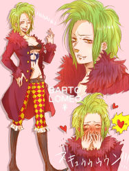 Rule 34 | 1girl, bartolomeo, blush, breasts, checkered clothes, checkered legwear, coat, embarrassed, fangs, genderswap, genderswap (mtf), green hair, highres, one eye closed, one piece, patterned legwear, short hair, tagme, tattoo, tongue, tongue out, wink, yellow eyes
