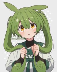 Rule 34 | 1girl, alternate costume, alternate hairstyle, black shirt, clenched hands, commentary, cone huraku, green hair, green serafuku, hair between eyes, hands up, holding, holding own hair, layered clothes, long hair, long sleeves, looking at viewer, parted lips, school uniform, serafuku, shirt, straight-on, turtleneck, twintails, upper body, voicevox, watermark, yellow eyes, zundamon