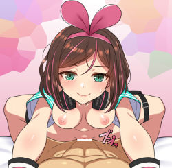 Rule 34 | alternate costume, aqua eyes, bar censor, breasts, brown hair, censored, clothed sex, cowgirl position, cropped jacket, girl on top, hairband, headphones, kizuna ai, kizuna ai (a.i. games), kizuna ai inc., looking at viewer, lying, multicolored hair, nipples, nt00, official alternate costume, on back, outstretched arms, penis, pink hair, pov, pussy, short hair, short sleeves, smile, solo focus, spread legs, straddling, two-tone hair, vaginal, virtual youtuber