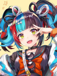 Rule 34 | 1girl, :d, absurdres, belt collar, black hair, blue hair, collar, commentary request, fate/grand order, fate (series), hair ornament, hairclip, highres, looking at viewer, multicolored hair, nail polish, open mouth, red hair, sailor collar, sei shounagon (fate), simple background, smile, solo, torino aqua, twintails, upper body, v, v over eye, yellow background, yellow eyes