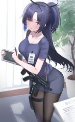 Rule 34 | 1girl, absurdres, alternate costume, black pantyhose, blue archive, blue eyes, blue hair, blue skirt, blush, breasts, closed mouth, collarbone, commentary request, gun, gun sling, halo, has bad revision, highres, holding, large breasts, long hair, looking at viewer, md5 mismatch, pantyhose, ponytail, resolution mismatch, short sleeves, shougun (chuckni1), sig mpx, skirt, sling (weapon), solo, source smaller, submachine gun, thighs, weapon, yuuka (blue archive)