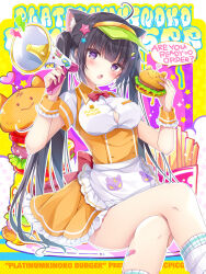 Rule 34 | 1girl, ahoge, animal ear fluff, animal ears, apron, black hair, blush, bow, bowtie, breasts, burger, cat ears, cleavage, collared shirt, commentary request, crossed legs, dress, dress shirt, fast food, feet out of frame, food, french fries, frilled apron, frilled dress, frills, hair ornament, hands up, head tilt, heart, highres, holding, holding food, holding megaphone, lightning bolt symbol, long hair, loose socks, medium breasts, megaphone, open mouth, orange dress, original, picpicgram, pleated dress, purple eyes, red bow, red bowtie, shirt, short sleeves, sitting, socks, solo, star (symbol), star hair ornament, text background, twintails, very long hair, waist apron, white apron, white shirt, white socks, wrist cuffs