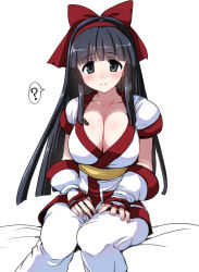Rule 34 | 1girl, ?, ainu clothes, alternate breast size, black eyes, black hair, blush, bow, breasts, cleavage, closed mouth, collarbone, cowboy shot, fingerless gloves, gloves, hair ribbon, hirowa nagi, large breasts, long hair, looking at viewer, nakoruru, on bed, red bow, ribbon, samurai spirits, simple background, sitting, smile, snk, solo, spoken question mark, white background