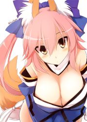 Rule 34 | 10s, 1girl, animal ears, bare shoulders, blush, bow, breasts, cleavage, detached sleeves, fate/extra, fate/grand order, fate (series), female focus, fox ears, fox tail, hair bow, hair ribbon, japanese clothes, kurikara, large breasts, long hair, looking at viewer, pink hair, ribbon, signature, simple background, solo, tail, tamamo (fate), tamamo no mae (fate/extra), twintails, white background, yellow eyes