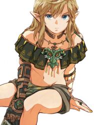 Rule 34 | 1boy, arm support, bare shoulders, black skin, blue eyes, brown skirt, charged set (zelda), closed mouth, colored skin, highres, jewelry, link, looking at viewer, male focus, mochi (not not bread), nail polish, navel, necklace, nintendo, pointy ears, simple background, sitting, skirt, solo, stomach, the legend of zelda, the legend of zelda: tears of the kingdom, white background, yellow nails
