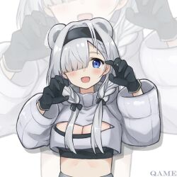 Rule 34 | 1girl, alternate hairstyle, animal ears, arknights, aurora (arknights), bear ears, black gloves, black hairband, blue eyes, breasts, claw pose, cleavage, cleavage cutout, clothing cutout, commentary request, crop top, cropped jacket, gloves, grey hair, grey jacket, hair over one eye, hairband, highres, jacket, jiuyu qame, large breasts, long hair, long sleeves, low twintails, medium breasts, midriff, solo, stomach, twintails, upper body, white background, zoom layer