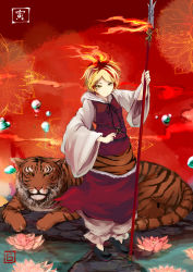 Rule 34 | 1girl, animal, bad id, bad pixiv id, bee (deadflow), blonde hair, bloomers, dress, duplicate, female focus, flower, lance, lily pad, looking at viewer, lotus, lying, on stomach, polearm, red dress, red eyes, shoes, solo, standing, tiger, toramaru shou, touhou, underwear, weapon