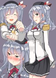 Rule 34 | 10s, 1girl, ^ ^, beret, black skirt, blue eyes, blush, breasts, chopsticks, closed eyes, commentary request, epaulettes, eyebrows, gloves, hat, iwanori, kantai collection, kashima (kancolle), kerchief, long sleeves, looking at viewer, medium breasts, miniskirt, multiple views, open mouth, pleated skirt, silver hair, simple background, skirt, standing, twintails, white gloves