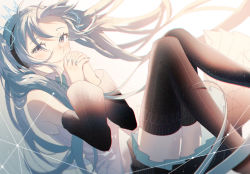 Rule 34 | 1girl, backlighting, bad id, bad pixiv id, bare shoulders, black skirt, black thighhighs, blue eyes, blue hair, blue nails, blue necktie, blurry, blurry background, blush, collared shirt, commentary request, depth of field, detached sleeves, eyelashes, feet out of frame, fingernails, floating, floating hair, gradient background, grey background, half-closed eyes, hamuna (hamuna 86), hand to own mouth, hands up, happy, hatsune miku, headset, highres, interlocked fingers, knees together feet apart, light particles, light smile, lightning bolt symbol, lips, long hair, looking at viewer, nail polish, necktie, own hands clasped, own hands together, pale color, parted lips, pleated skirt, shaded face, shapes, shirt, simple background, skirt, sleeveless, sleeveless shirt, solo, tareme, thighhighs, thighs, twintails, very long hair, vocaloid, white background, white shirt, zettai ryouiki