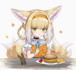 Rule 34 | 1girl, :o, alternate costume, animal ear fluff, animal ears, arknights, black choker, blonde hair, blush, burger, choker, commentary, food, fork, fox ears, fox girl, fox tail, fruit, green eyes, hair rings, highres, holding, holding fork, holding spoon, infection monitor (arknights), multiple tails, plate, solo, spacelongcat, spoon, strawberry, stuffed animal, stuffed rabbit, stuffed toy, suzuran (arknights), suzuran (let&#039;s carnival!) (arknights), tail, tempura, upper body, white background