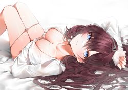 Rule 34 | 1girl, absurdres, arm up, bare legs, bed sheet, blue eyes, blush, breasts, brown hair, cleavage, closed mouth, feet out of frame, hair between eyes, highres, ichinose shiki, idolmaster, idolmaster cinderella girls, knees up, large breasts, long hair, long sleeves, looking at viewer, lying, on back, on bed, panties, panty pull, shirt, sleeves past wrists, solo, underwear, white background, white panties, white shirt, yukineko1018