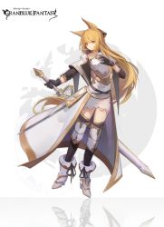 Rule 34 | 1girl, animal ears, armor, backless dress, backless outfit, black gloves, black thighhighs, blonde hair, boots, capelet, chinese commentary, commentary request, copyright name, dress, erune, full body, gloves, granblue fantasy, greaves, high heel boots, high heels, highres, holding, holding sword, holding weapon, long hair, mooofoo, orange eyes, reflection, solo, sword, thighhighs, weapon, white background, white dress, white footwear, yuisis (granblue fantasy)