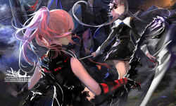 Rule 34 | 2girls, bare shoulders, black dress, black gloves, black sclera, colored sclera, confrontation, dress, elbow gloves, epaulettes, flag, flagpole, from behind, full body, gloves, highres, holding, holding sword, holding weapon, kincora, long hair, looking at viewer, military, military uniform, mountain, multiple girls, outdoors, pink eyes, pink hair, pixiv fantasia, pixiv fantasia fallen kings, pole, ponytail, red eyes, short hair, sky, sleeveless, sleeveless dress, standing, star (sky), starry sky, sword, uniform, weapon