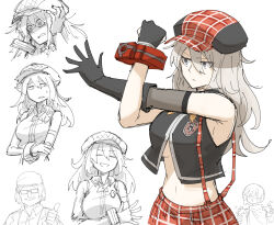 Rule 34 | 1girl, 2boys, @ @, alisa ilinichina amiella, armpits, black gloves, black vest, breasts, cabbie hat, character request, closed mouth, elbow gloves, fingerless gloves, gloves, god eater, god eater burst, grey eyes, grey hair, hat, kankan33333, large breasts, long hair, multiple boys, plaid, plaid skirt, red skirt, skirt, solo focus, stretching, suspender skirt, suspenders, underboob, vest, wide-eyed