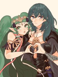 Rule 34 | 2girls, bare shoulders, black shirt, blue eyes, blue hair, breasts, byleth (female) (fire emblem), byleth (fire emblem), chimney (chimney0311), clothing cutout, commentary request, fire emblem, fire emblem: three houses, green eyes, green hair, heart, heart hands, highres, large breasts, long hair, looking at viewer, multiple girls, navel, navel cutout, nintendo, open mouth, pointy ears, shirt, simple background, sothis (fire emblem), twintails, upper body, very long hair, yellow background