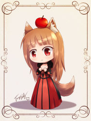 Rule 34 | 1girl, :t, animal ears, apple, blush, breast conscious, brown hair, choker, collarbone, cosplay, dress, food, fruit, fur trim, hands on own chest, holo, koshimizu ami, langbazi, maou (maoyuu), maou (maoyuu) (cosplay), maoyuu maou yuusha, on head, pout, red eyes, voice actor connection, signature, solo, spice and wolf, tail, wolf ears, wolf tail