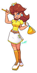 Rule 34 | 1girl, absurdres, belt, blue eyes, breasts, brown hair, crown, earrings, flower earrings, full body, gloves, golf, golf club, hand up, highres, jewelry, looking at viewer, mario (series), mario golf, mario golf: super rush, nintendo, open mouth, princess daisy, shoes, short sleeves, skirt, smug, solo, tomboy