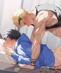 Rule 34 | 2boys, arm tattoo, bara, bed, black hair, black tank top, blonde hair, blue hoodie, blush, clothes lift, crying, crying with eyes open, cum, earrings, ejaculation, erection, hao (haozz), hood, hood down, hoodie, implied anal, implied sex, jewelry, large pectorals, lifted by self, lying, male focus, multicolored hair, multiple boys, muscular, muscular male, nude, on bed, on stomach, original, paid reward available, pectorals, penis, pillow, pillow grab, paid reward available, short hair, streaming tears, sweat, sweatdrop, tank top, tattoo, tears, tongue, tongue out, two-tone hair, undercut, yaoi