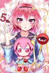 Rule 34 | 1girl, absurdres, argyle, argyle background, argyle clothes, black hairband, blue shirt, commentary, doll, fumo (doll), hairband, heart, highres, komeiji satori, long sleeves, looking at viewer, open mouth, pink eyes, pink hair, red footwear, shirt, short hair, solo, star shin, third eye, touhou