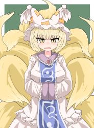 Rule 34 | 1girl, animal hat, blonde hair, border, breasts, chups, dress, fang, fox tail, frilled dress, frills, green background, hands in opposite sleeves, hat, highres, jewelry, kitsune, long sleeves, looking at viewer, mob cap, multiple tails, open mouth, short hair, simple background, sleeves past fingers, sleeves past wrists, solo, tabard, tail, touhou, white border, white dress, yakumo ran, yellow eyes, yellow tail