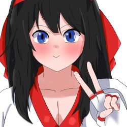 Rule 34 | 1girl, ainu clothes, black hair, blue eyes, breasts, cleavage, fingerless gloves, gloves, hair ribbon, highres, large breasts, long hair, looking at viewer, nakoruru, ribbon, samurai spirits, smile, snk, solo, the king of fighters, v