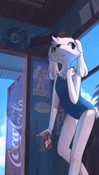 Rule 34 | 1girl, animal ears, animal nose, artist name, bare shoulders, blue eyes, blue one-piece swimsuit, blue sky, body fur, can, clenched hand, closed mouth, cloud, coca-cola, corrugated galvanized iron sheet, covered navel, daruma doll, day, dog ears, dog girl, dog tail, drink can, expressionless, female focus, flat chest, furry, furry female, hair tie, hand fan, hand up, highres, holding, holding can, indoors, japanese text, leaning forward, looking to the side, one-piece swimsuit, original, palm tree, pinky out, poster (object), radio, shake (nogard), signature, sky, snout, soda can, solo, standing, sweat, swimsuit, tail, translation request, tree, twintails, white fur, white hair, window