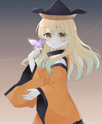 Rule 34 | 1girl, arm up, black hat, blonde hair, blue background, brown hat, bug, butterfly, cape, eyes visible through hair, gradient background, green skirt, hair between eyes, hand up, hat, highres, insect, long hair, long sleeves, looking at viewer, matara okina, open mouth, orange cape, orange sleeves, shirt, skirt, solo, touhou, umi (nana spring), white shirt, yellow background, yellow eyes