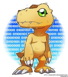 Rule 34 | agumon, artist name, binary, deviantart username, digimon, digimon (creature), dragonith, glitch, looking at viewer, no humans, simple background, standing, watermark, web address, white background