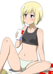 Rule 34 | 1girl, blonde hair, blue eyes, blush, drink, drinking, drinking straw, erica hartmann, food, french fries, hot, mcdonald&#039;s, navel, panties, product placement, short hair, sitting, solo, spread legs, strike witches, sweat, tank top, underwear, underwear only, world witches series, youkan