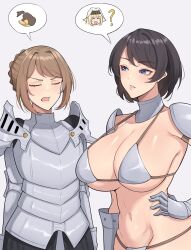 Rule 34 | 3girls, ?, absurdres, armor, band-width, bikini armor, black hair, blonde hair, blue eyes, breasts, bright pupils, brown hair, closed eyes, coin, collar, collarbone, gauntlets, gold coin, grey background, habit, highres, large breasts, metal collar, multiple girls, navel, open mouth, original, plate armor, sack, short hair, shoulder armor, speech bubble, spoken object, white pupils